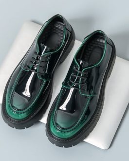 Men’s Green Chunky Leather Platform Lace Up Round Toe Loafers Shoes