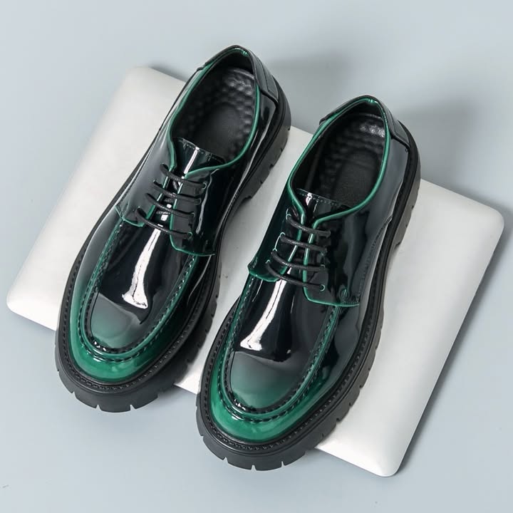 Men's Green Chunky Leather Platform Lace Up Round Toe Loafers Shoes