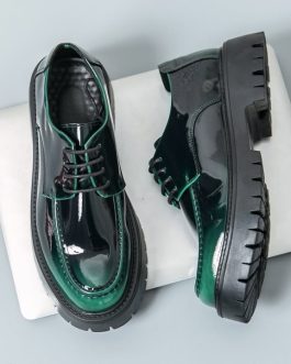 Men’s Green Chunky Leather Platform Lace Up Round Toe Loafers Shoes