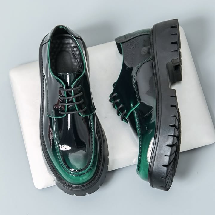 Men's Green Chunky Leather Platform Lace Up Round Toe Loafers Shoes - Image 2