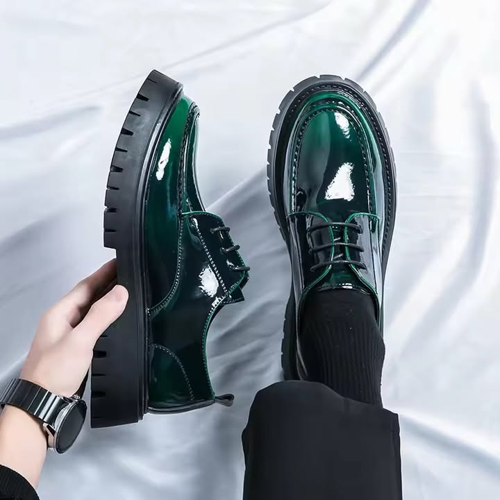 Men's Green Chunky Leather Platform Lace Up Round Toe Loafers Shoes - Image 3
