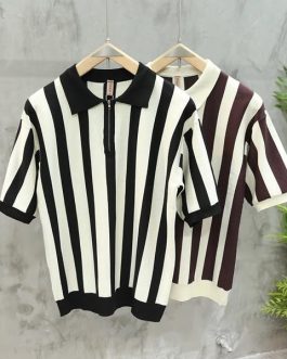 MEN’S STRIPED ZIP POLO