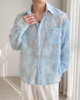 Men Jacquard Long Sleeve Shirts Loose Casual Dress Shirts