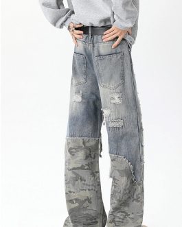 Distressed Patchwork Wide-Leg Jeans