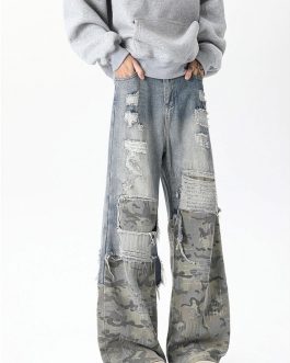 Distressed Patchwork Wide-Leg Jeans