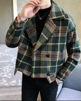 Men’s Double-Breasted Plaid Wool Blend Trench Jacket