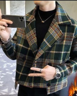 Men’s Double-Breasted Plaid Wool Blend Trench Jacket