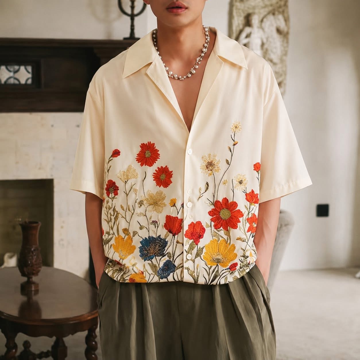 Floral Print Lapel Short Sleeve Loose Shirt - Image 2