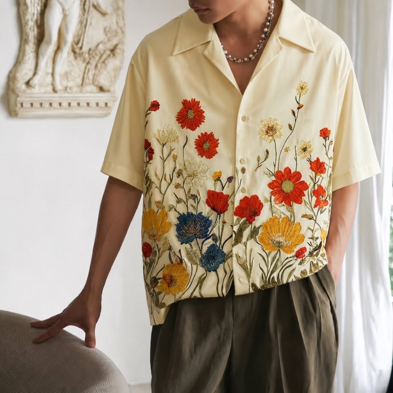 Floral Print Lapel Short Sleeve Loose Shirt - Image 3