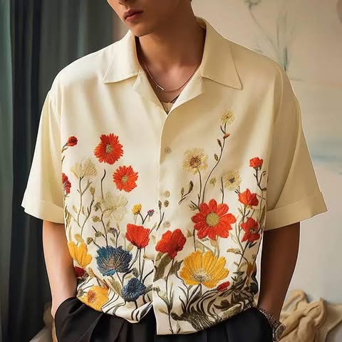 Floral Print Lapel Short Sleeve Loose Shirt - Image 4