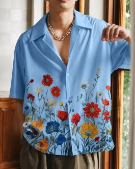 Floral Print Lapel Short Sleeve Loose Shirt
