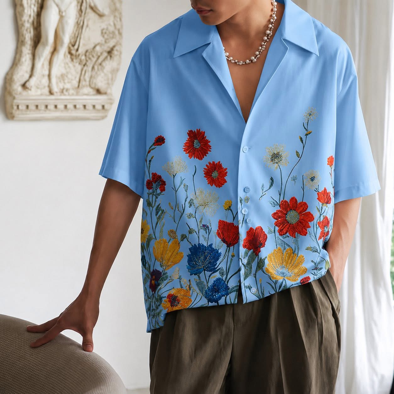 Floral Print Lapel Short Sleeve Loose Shirt - Image 2