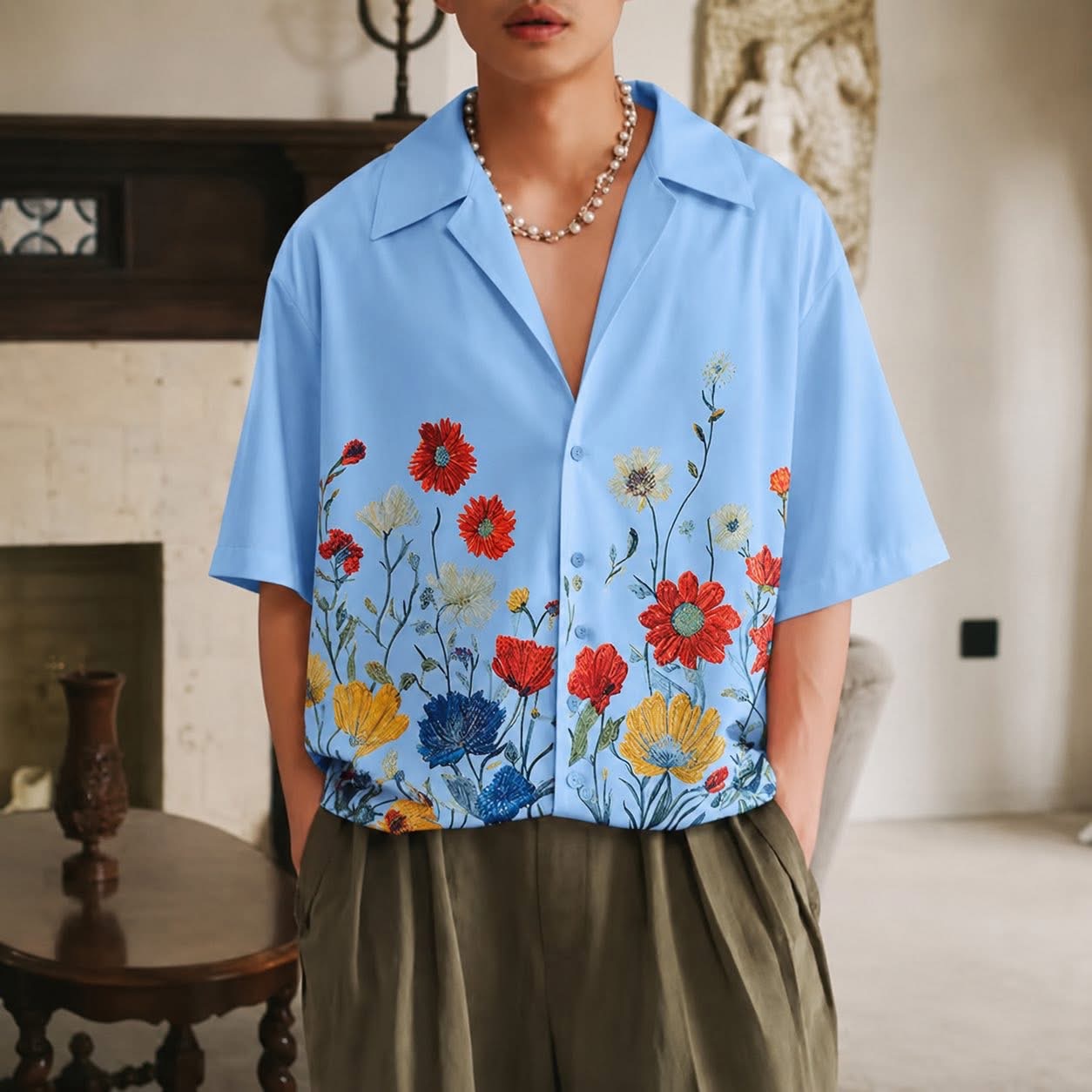 Floral Print Lapel Short Sleeve Loose Shirt - Image 3