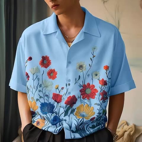 Floral Print Lapel Short Sleeve Loose Shirt - Image 4