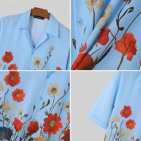Floral Print Lapel Short Sleeve Loose Shirt - Image 5
