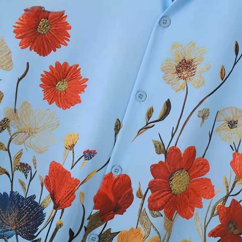 Floral Print Lapel Short Sleeve Loose Shirt - Image 6