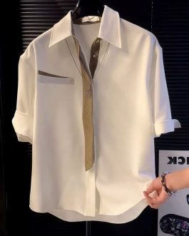 Ice silk short-sleeve shirt with built-in tie